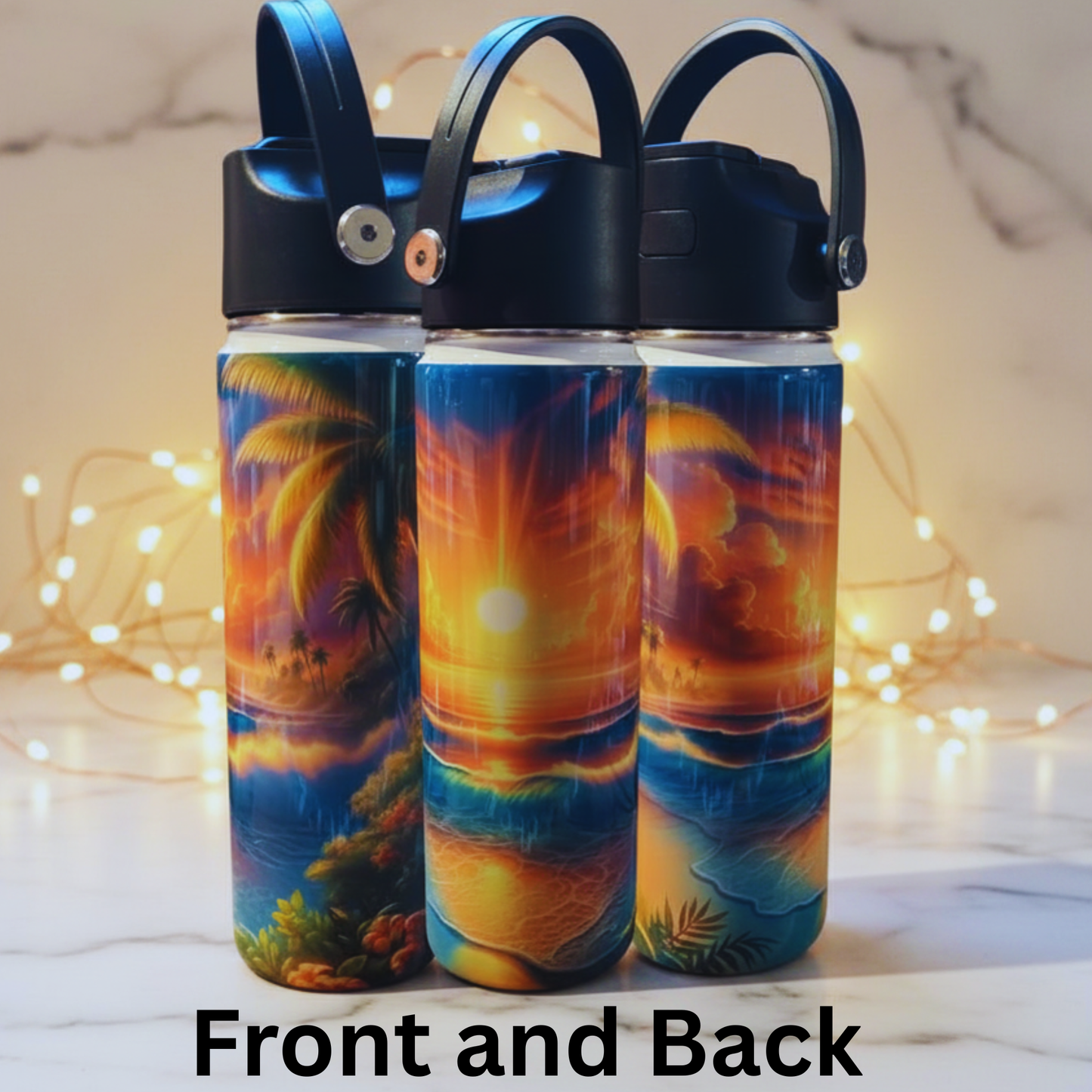 Tropical Sunset Beach Tumbler – Ocean Palm Tree Stainless Steel Water Bottle | Summer Aesthetic Insulated Drinkware