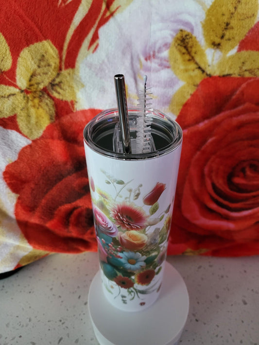 Personalized 20oz Insulated Tumbler featuring a vibrant, colorful floral design.