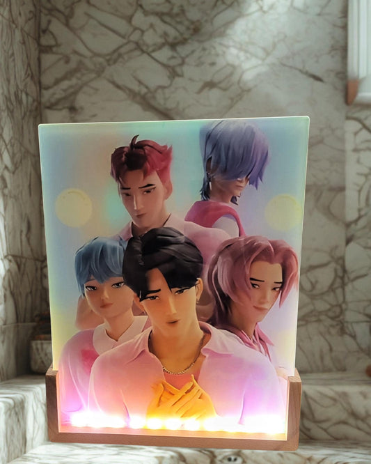 Huntrix/Saja Boys (the rival demon idol group) from Demon Hunter K-Pop Anime LED Glass Frame | 8x10 Light-Up Photo Panel with Wooden Base
