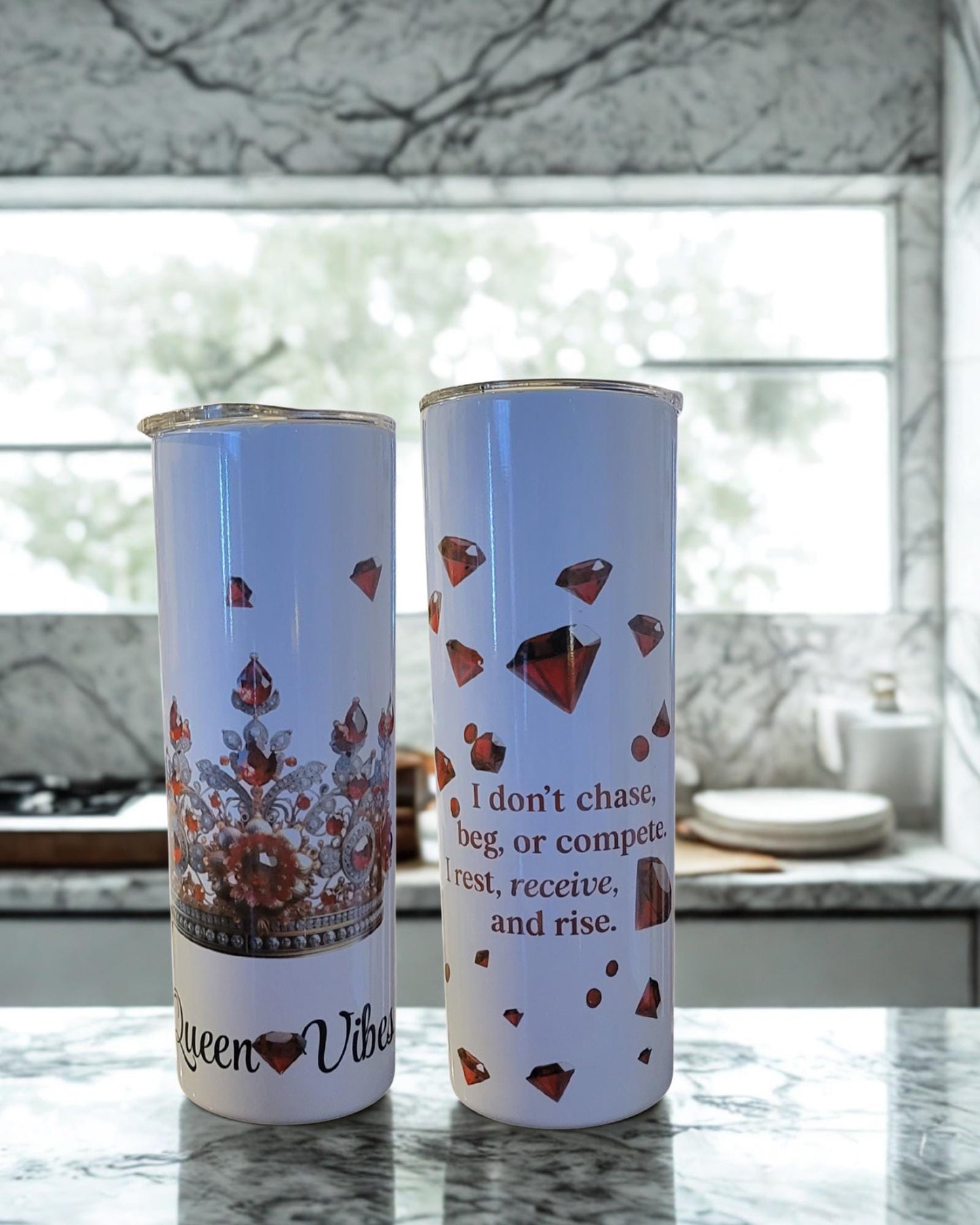Personalized “Queen Vibes” 20oz Tumbler – Red Gems & Crown Design ( Front and Back image)