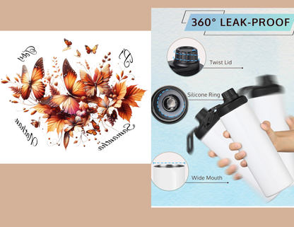 Personalized Butterfly Floral Water Bottle – Custom Name Gift – Stainless Steel, 22 oz