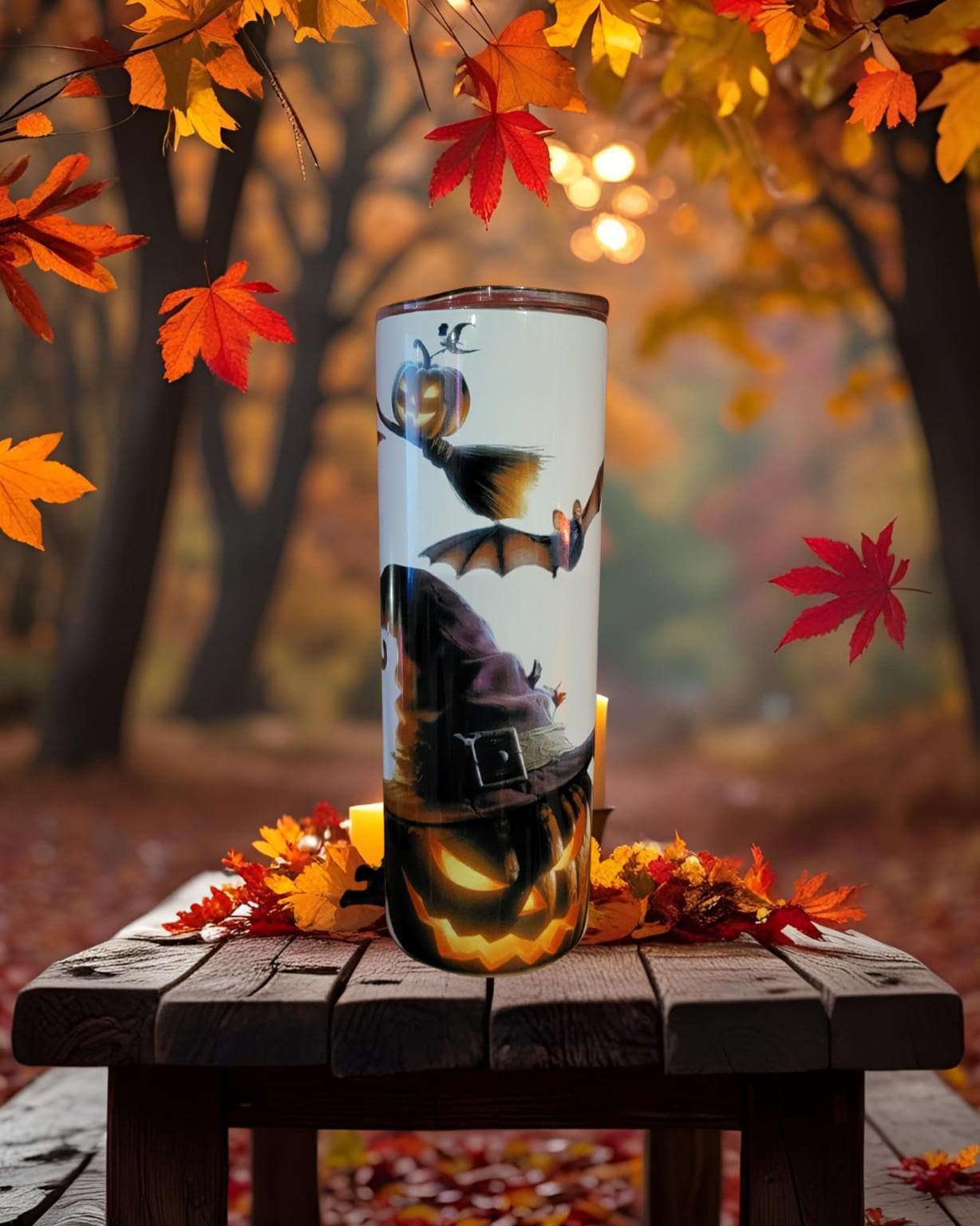 Witchy Jack-O'-Lantern Tumbler: Halloween Pumpkin, Bat & Broom - 20 oz Insulated Stainless Steel Cup