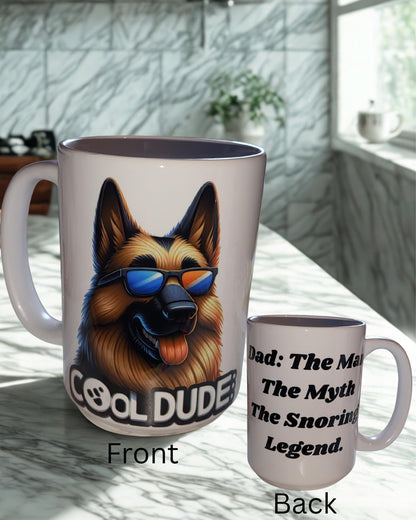 Personalized 15 oz Ceramic Mug – “Cool Dude” German Shepherd – Double-Sided Print for dads.