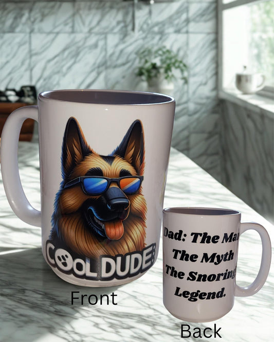 Personalized 15 oz Ceramic Mug – “Cool Dude” German Shepherd – Double-Sided Print for dads.