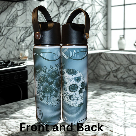 Floral Sugar Skull Tumbler – Aesthetic Skull & Flowers Stainless Steel Water Bottle | Gothic Celestial Drinkware Gift