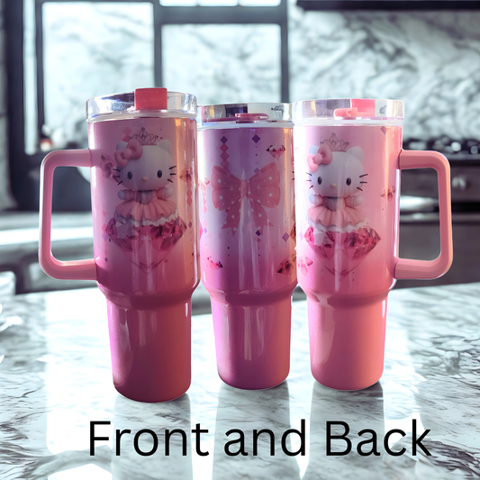 Pink Tumbler with Handle nd Straw | 40oz Stainless Steel Insulated Cup | Cute Front & Back Design | Gift for Her