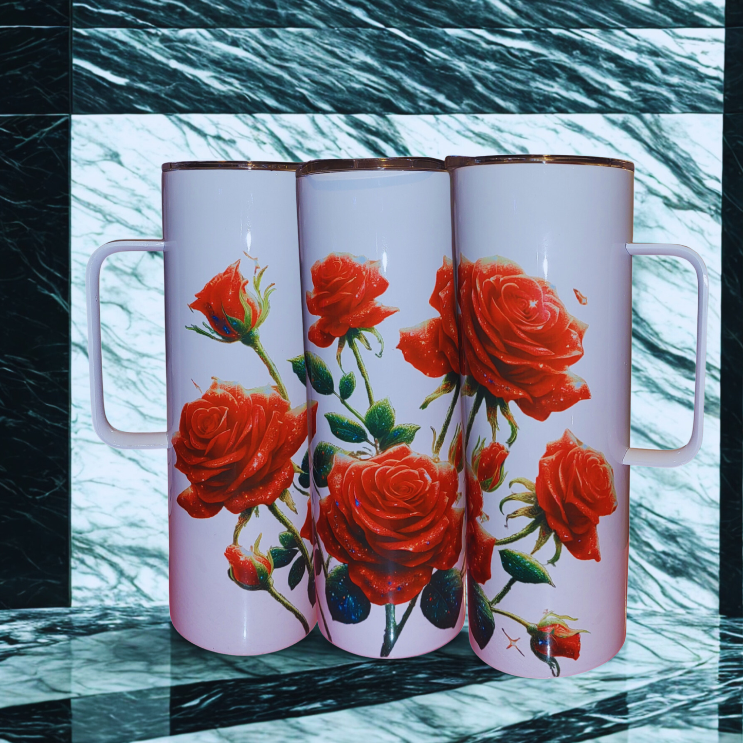 Floral Rose Design | Gift for Her | 20 oz Tumbler with Handle |