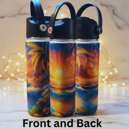 Tropical Sunset Beach Tumbler – Ocean Palm Tree Stainless Steel Water Bottle | Summer Aesthetic Insulated Drinkware