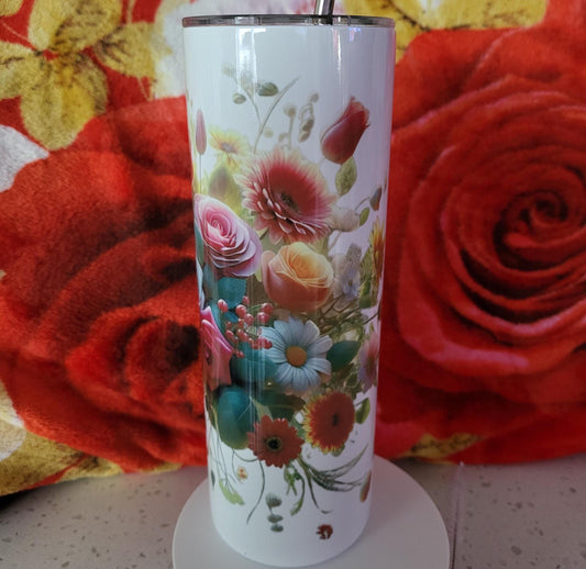 Personalized 20oz Insulated Tumbler featuring a vibrant, colorful floral design.