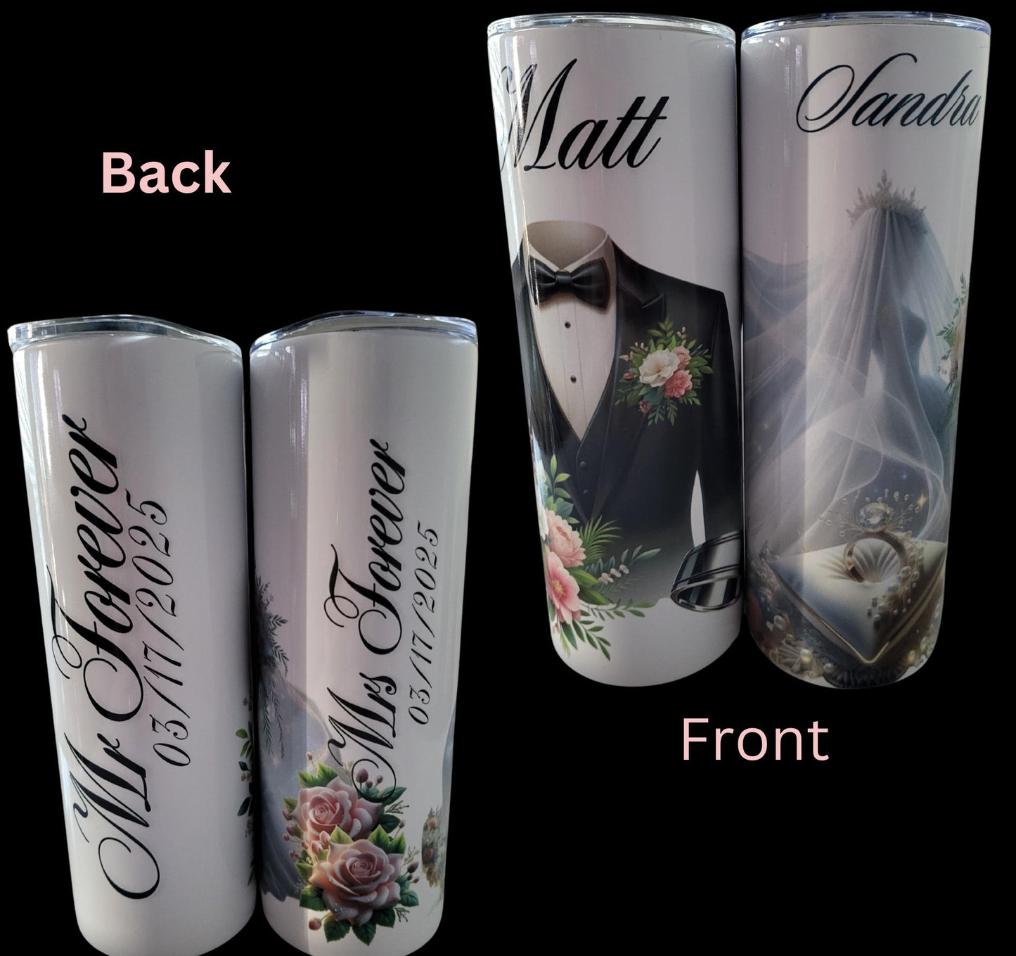 Personalized Wedding Tumblers Set: Bride and Groom Design, Insulated Travel Cups