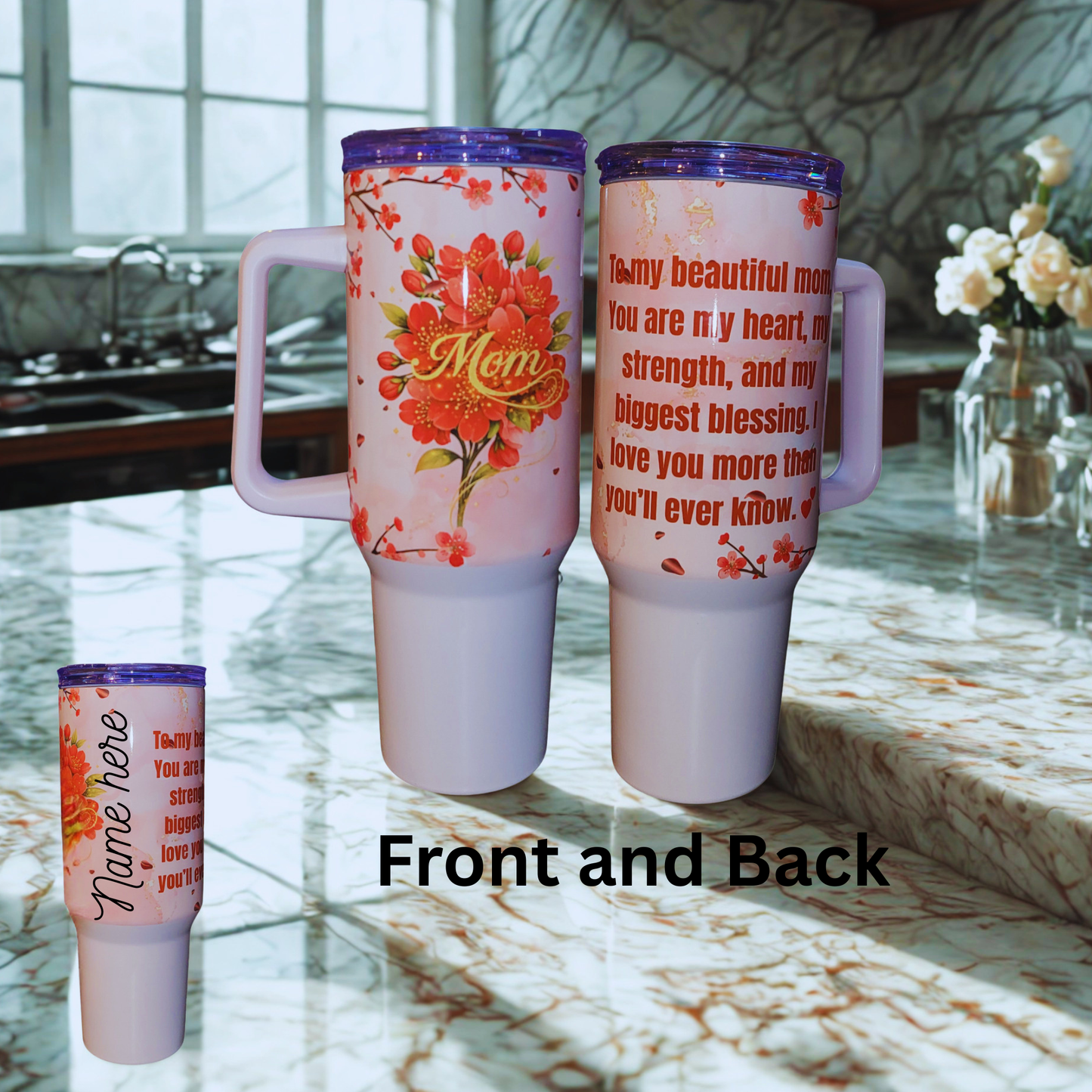 Personalized “Mom” Floral Tumbler with Handle – Custom Name & Heartfelt Message | Mother’s Day Gift