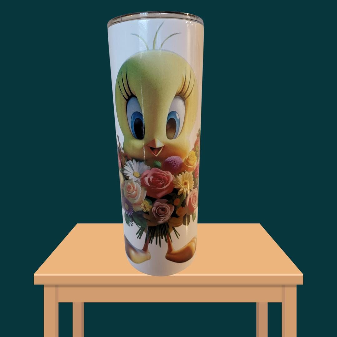 Tweety Bird Insulated Tumbler, 20 oz Stainless Steel Travel Cup with Floral Design, White