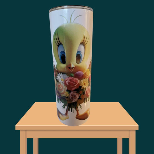 Tweety Bird Insulated Tumbler, 20 oz Stainless Steel Travel Cup with Floral Design, White