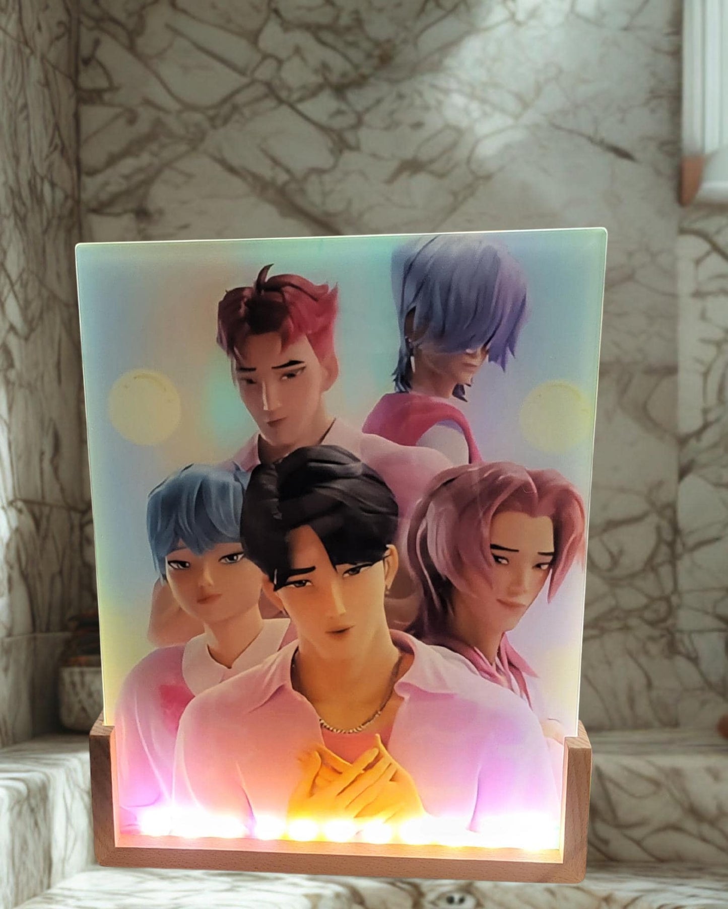 Huntrix/Saja Boys (the rival demon idol group) from Demon Hunter K-Pop Anime LED Glass Frame | 8x10 Light-Up Photo Panel with Wooden Base