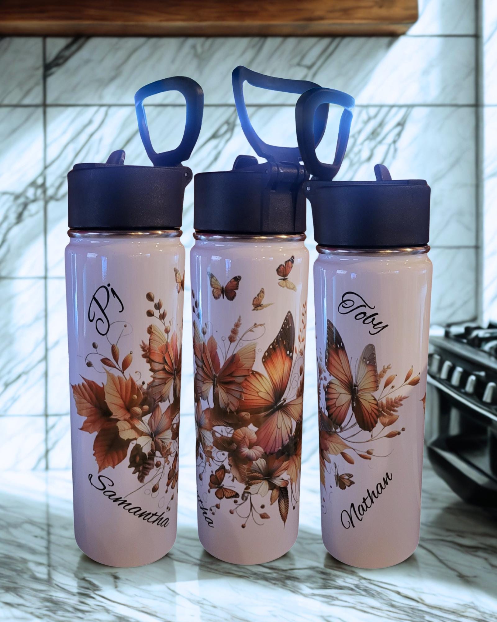 Personalized Butterfly Floral Water Bottle – Custom Name Gift – Stainless Steel, 22 oz