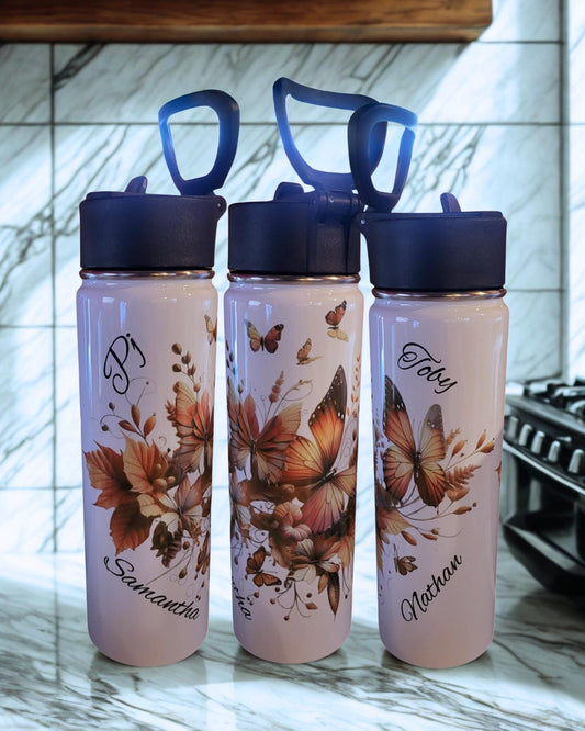 Personalized Butterfly Floral Water Bottle – Custom Name Gift – Stainless Steel, 22 oz
