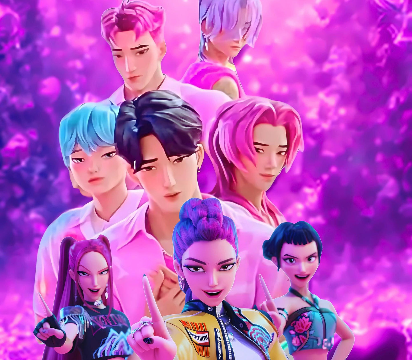 Huntrix/Saja Boys (the rival demon idol group) from Demon Hunter K-Pop Anime LED Glass Frame | 8x10 Light-Up Photo Panel with Wooden Base