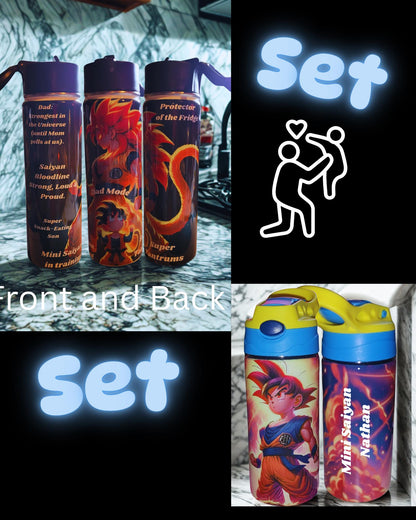 Personalized Dad and Son on white water bottle Set: Anime Design