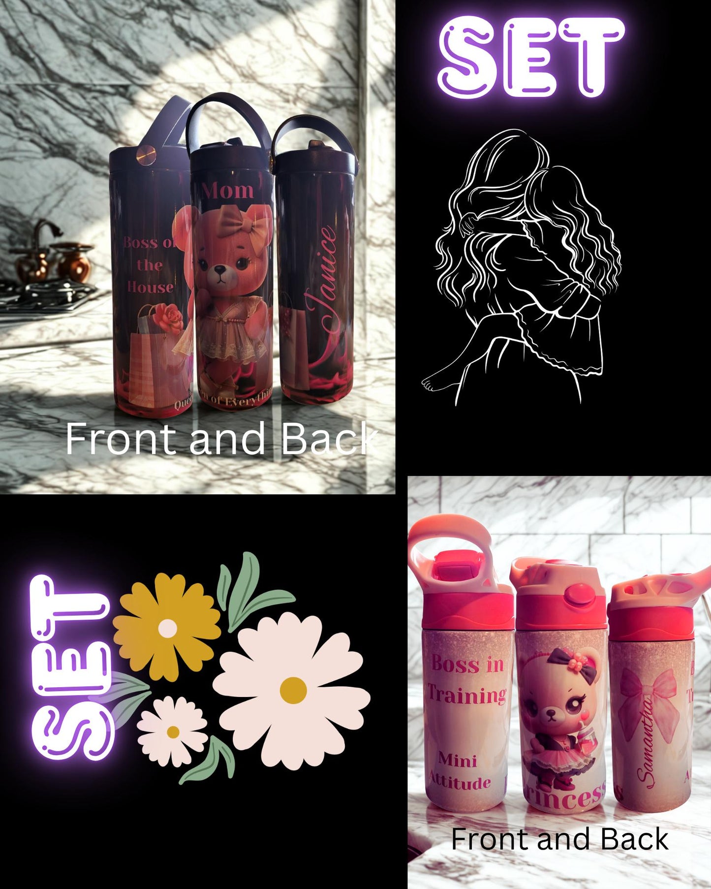 Personalized Mom Water Bottle and daughter sippy: Queen Bear Design - 20 oz Stainless Steel Tumbler and sippy cup