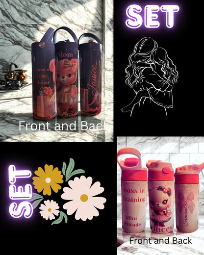 Personalized Mom Water Bottle and daughter sippy: Queen Bear Design - 20 oz Stainless Steel Tumbler and sippy cup