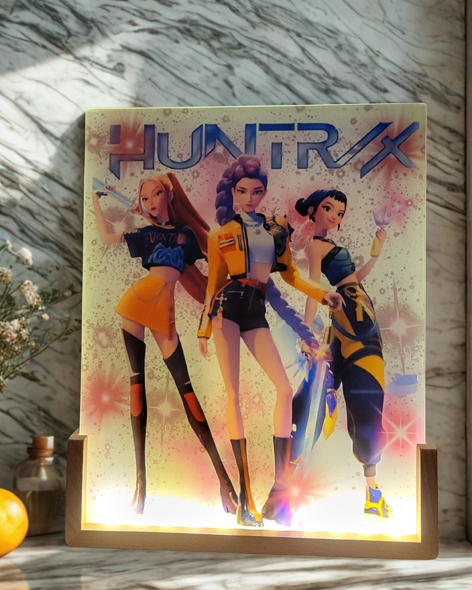 Huntrix/Saja Boys (the rival demon idol group) from Demon Hunter K-Pop Anime LED Glass Frame | 8x10 Light-Up Photo Panel with Wooden Base