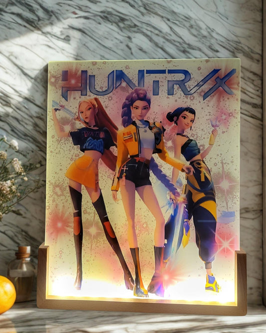 Huntrix/Saja Boys (the rival demon idol group) from Demon Hunter K-Pop Anime LED Glass Frame | 8x10 Light-Up Photo Panel with Wooden Base