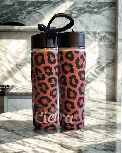 Pink Leopard Print Personalized Water Bottle – 22oz Stainless Steel with Flip Lid