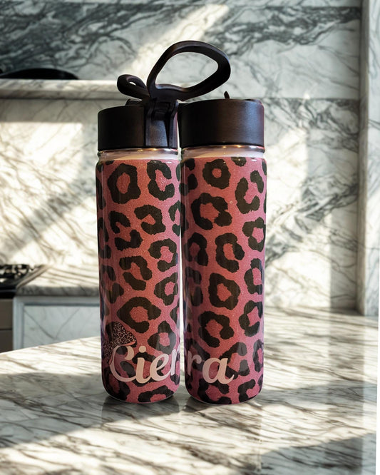 Pink Leopard Print Personalized Water Bottle – 22oz Stainless Steel with Flip Lid