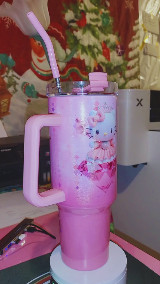 Pink Tumbler with Handle nd Straw | 40oz Stainless Steel Insulated Cup | Cute Front & Back Design | Gift for Her