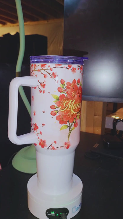 Personalized “Mom” Floral Tumbler with Handle – Custom Name & Heartfelt Message | Mother’s Day Gift