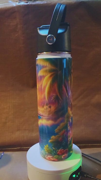 Tropical Sunset Beach Tumbler – Ocean Palm Tree Stainless Steel Water Bottle | Summer Aesthetic Insulated Drinkware