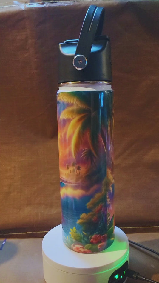 Tropical Sunset Beach Tumbler – Ocean Palm Tree Stainless Steel Water Bottle | Summer Aesthetic Insulated Drinkware